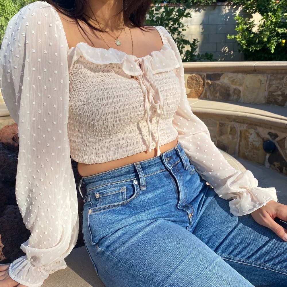 Cropped Smock top with Ruffle  Too Swiss dot